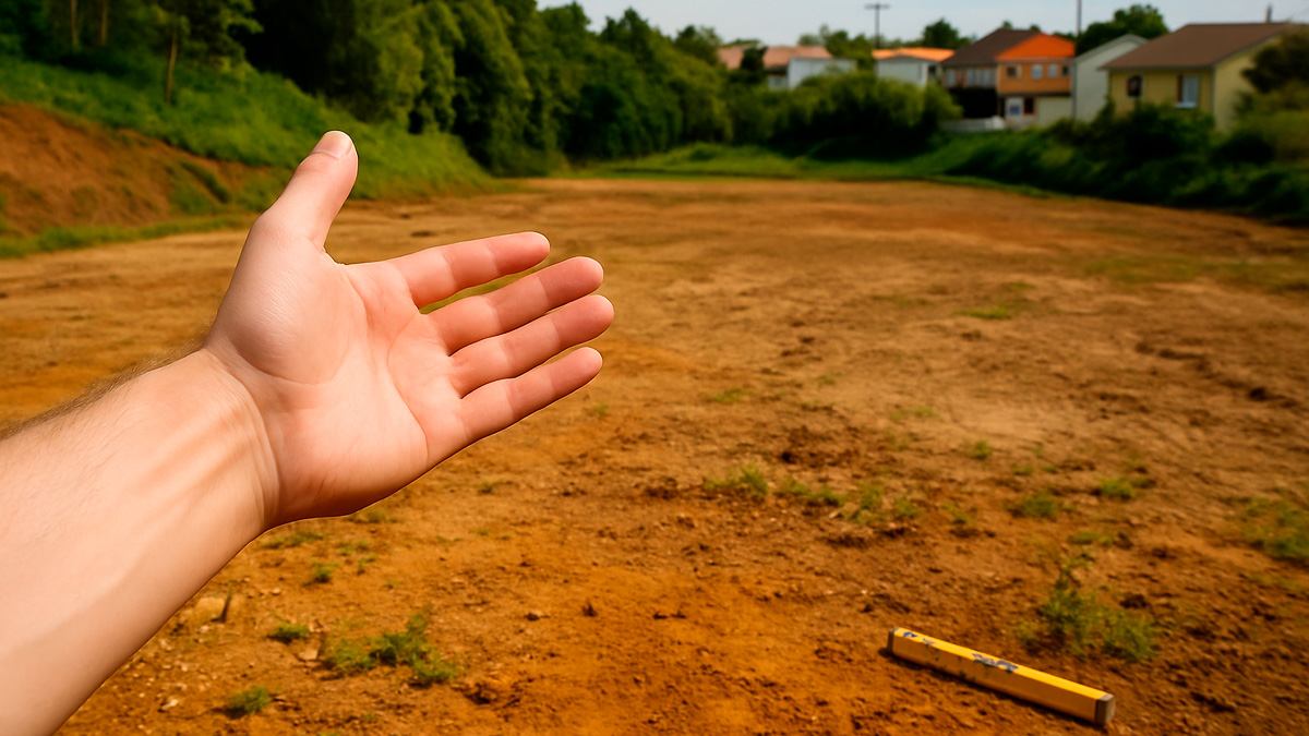 Homem analisando terreno em declive para construção, com paisagem ao fundo, simbolizando a importância da escolha do terreno para economizar na obra