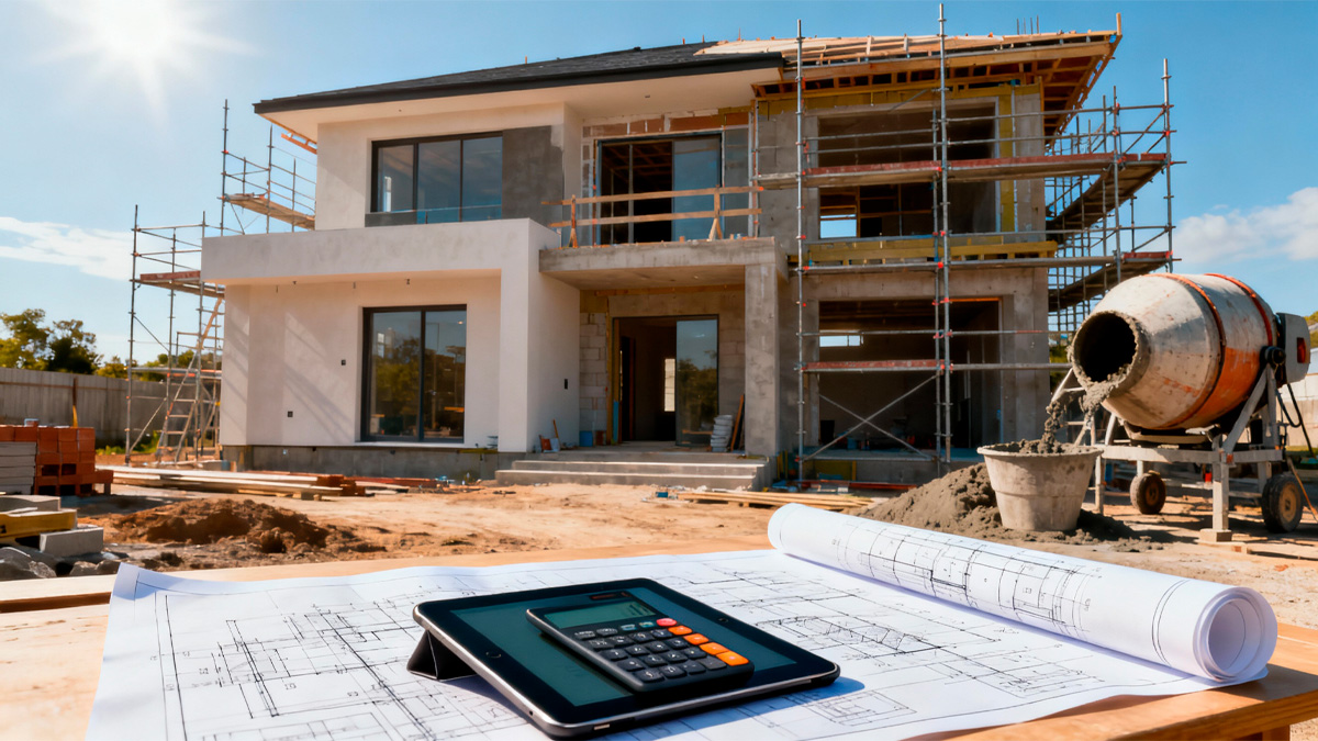 Simulação de custo de obra em tablet ao lado de planta e construção em andamento