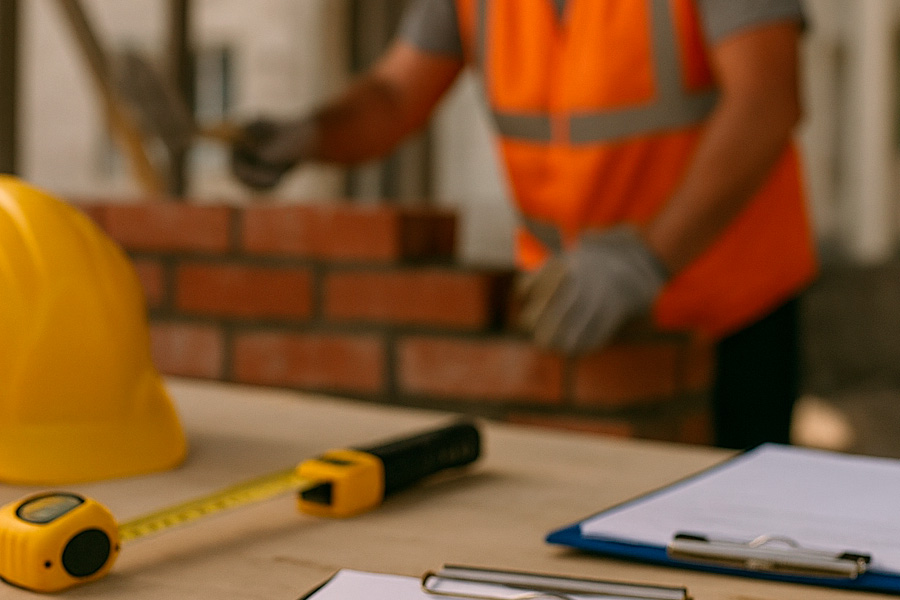 Contrato sobre a mesa de obra com pedreiro ao fundo – erros ao contratar mão de obra