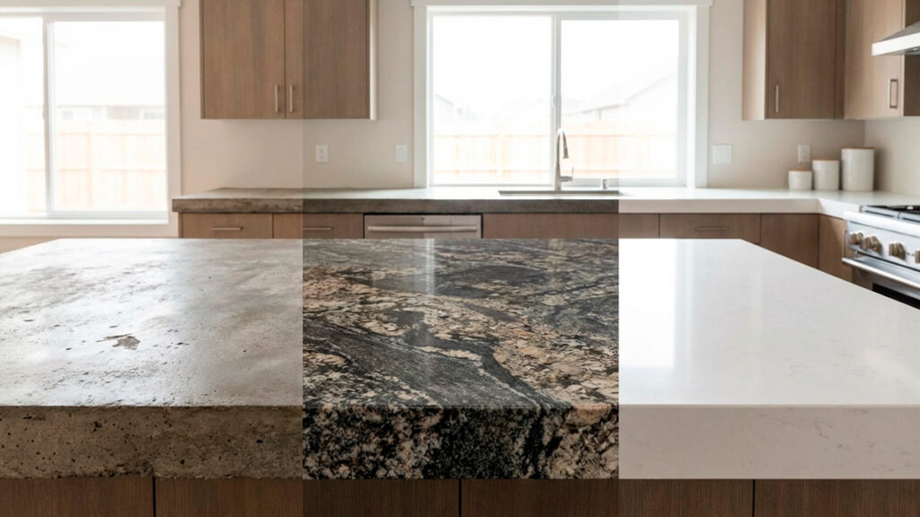 Cozinha moderna com bancada de concreto, granito e quartzo exibidas lado a lado para comparação visual