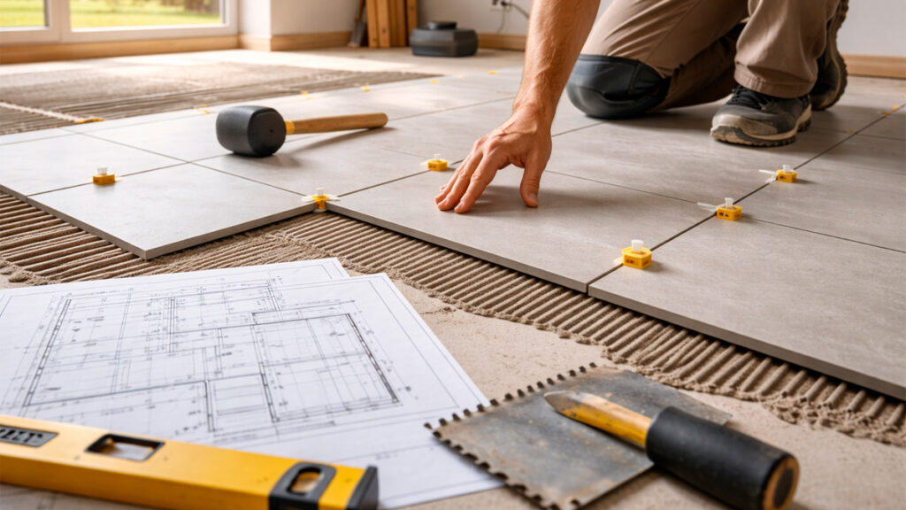 Instalador posicionando piso cerâmico com alinhamento e espaçadores em obra residencial
