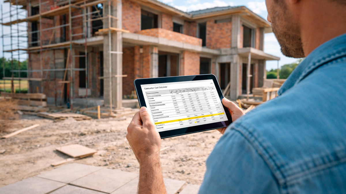Homem simulando o custo de construção de uma casa em 2026 com ajuda de calculadora
