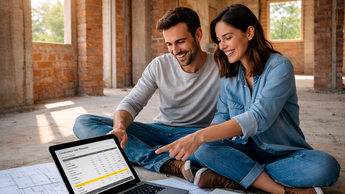 Casal planejando o custo da construção da casa usando simulador online em obra em andamento